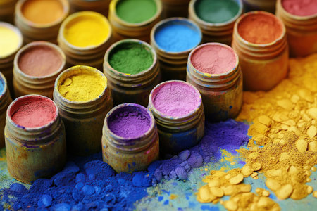 Several jars of colorful Holi paint on colorful background