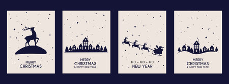 Merry Christmas card set. Winter village, Santa sleigh, snowfall and deer. Dark blue background. Merry Christmas and Happy New Year.のイラスト素材