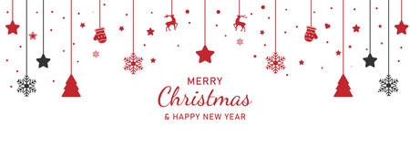 Christmas greeting in the form of a hanging garland with Christmas tree decorations.のイラスト素材