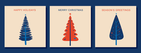 A set of hand drawn Christmas cards with trees and inscriptions. Greeting cards with Christmas trees.のイラスト素材