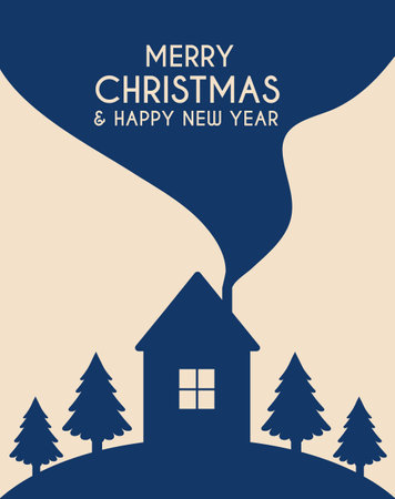 Flat style Christmas card design with night village image and greeting inscription.のイラスト素材