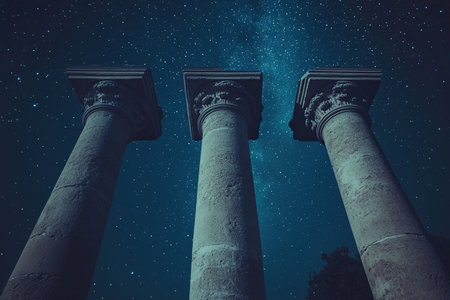 Architectural columns from ancient Greece against the bright starry sky at night. Antique columns and the Milky Way.の素材