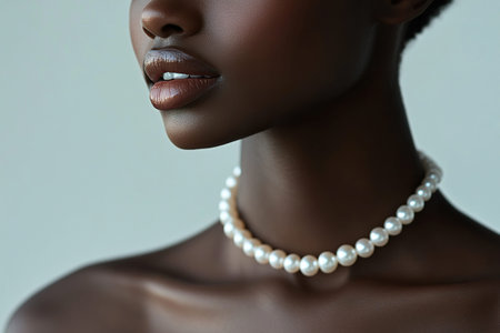 Strand of white pearls on neck of dark-skinned model, close-up of pearlsの素材