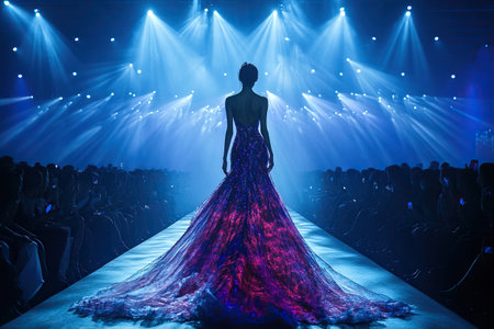 A super model at a fashion show walks down the catwalk under the spotlight.の素材