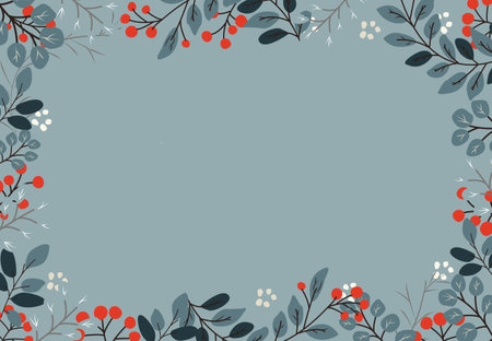 Vintage border with winter red berries and branches and space for text in the center. Winter holidays and discounts. Template for frame, invitation, postcard.のイラスト素材
