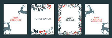 Holiday cards with deer, rowan branches and berries frames and greeting inscriptions. Holiday art templates. Vectorのイラスト素材