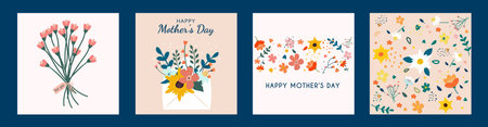 Set of Mother's Day cards. Floral cards with congratulations for mom. Hand drawn flowers and leaves. Flower clip artのイラスト素材