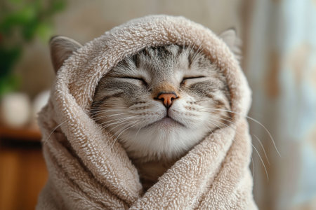 A contented grey cat is wrapped in a terry towel after spa treatments.の素材