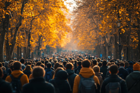 Photo of a huge crowd of people on a sunny autumn day. There are yellow leaves on the trees.の素材