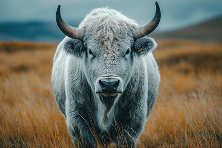 Portrait of a white bison with an ear tag in a field with dry plants in the background. Bison power. Generated by artificial intelligence.の素材