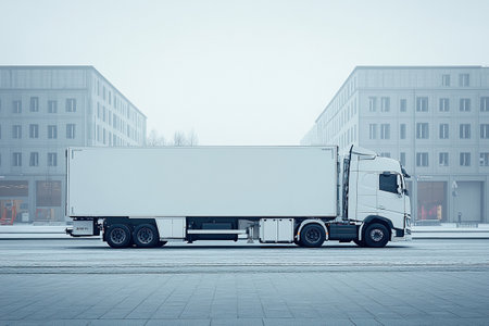 White truck for transporting goods on the city street. Truck with advertising space.の素材