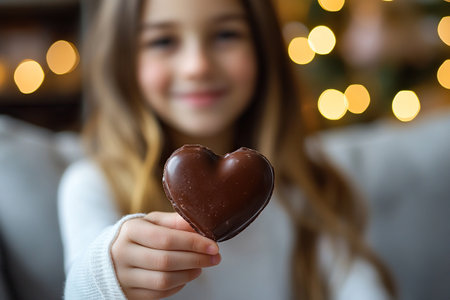Chocolate heart in the hands of a girl. Daughter gives her mother a chocolate heart. Mother's Day, March 8.の素材