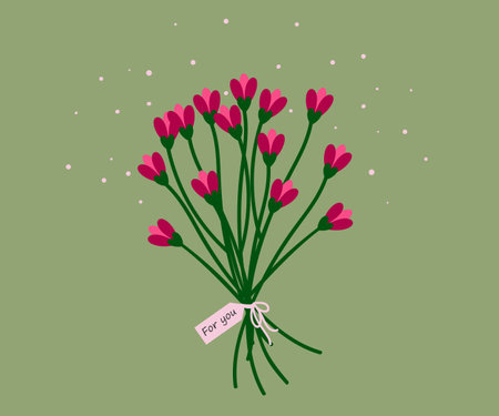 Bouquet of simple flowers in trendy pink color on green background. Vector floral spring illustration.のイラスト素材