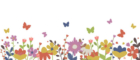Horizontal white banner or background decorated with colorful blooming flowers and butterflies. Spring botanical flat vector illustration isolated on white background.のイラスト素材