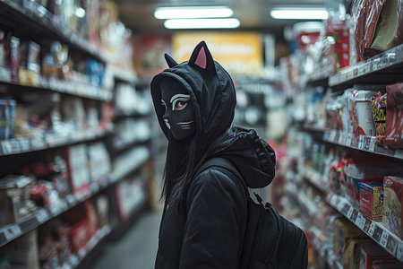 A teenage girl in a cat mask with ears stands between shelves in a grocery store. Quadrober. Generated by artificial intelligenceの素材