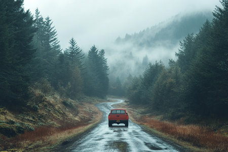 Rear view of a car driving along a beautiful highway surrounded by foggy forest.の素材