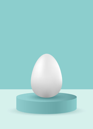 One 3D white Easter egg on a round podium on a neutral blue background. Minimalism and simplicity of aesthetics. Easter egg mockup.のイラスト素材