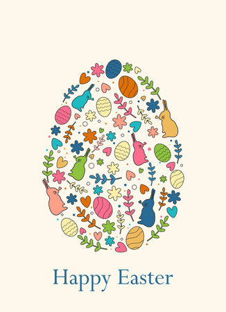 Vertical Easter card, banner with bunnies, flowers and branches in an egg. Modern minimalist design. Happy Easter.のイラスト素材