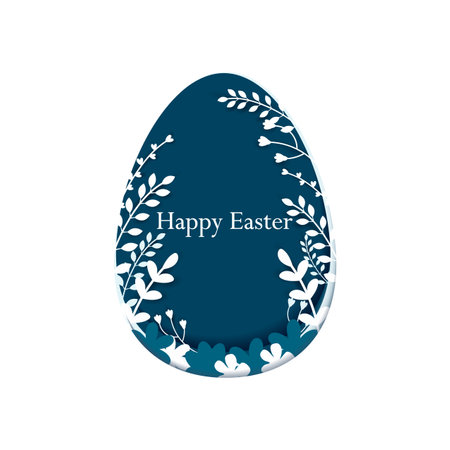 Happy Easter. Easter card with blue egg shape in paper cut out style with branches and flowers decor.のイラスト素材