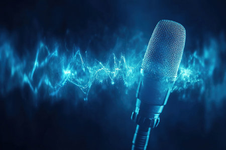 Blue background with microphone and neon sound wave. Sound, music, radio broadcasting concept.の素材