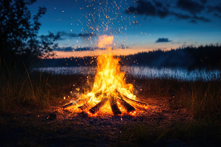 Flame of fire with sparks in the dark. Bonfire on the river bank at night.の素材