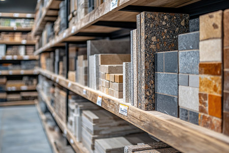 Wooden rack filled with finishing material made of stone and marble. Exhibition samples of tiles.の素材
