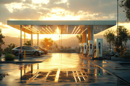 Charging station for electric vehicles outside the city.の素材