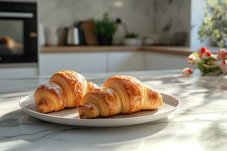 Delicious french croissants on a table in the modern kitchen in the morning sunの素材