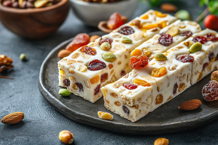 Eastern sweets on a plate. White nougat with nuts and dried fruits.の素材