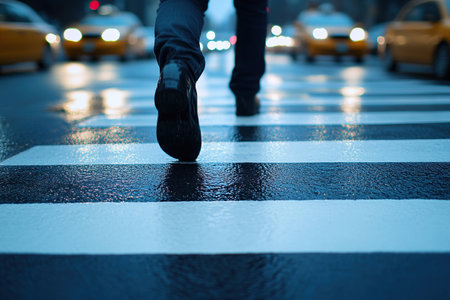 A blurred background of a busy evening street captures the legs of a pedestrian crossing a crosswalk. Generated by artificial intelligenceの素材