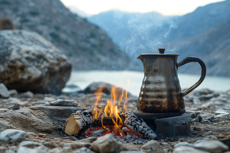 A pot near a fire against a blurred mountain landscape. Life in the wild, hiking in the mountains. Generated by artificial intelligenceの素材