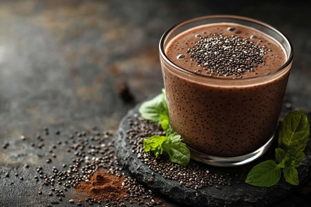 Chocolate protein smoothie with chia seeds and mint on a granite tray. Generated by artificial intelligenceの素材