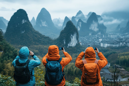 Three tourists take a photo on their phone while standing on top of a cliff. Generated by artificial intelligenceの素材