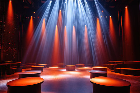 Contemporary theatre. Empty stage with wooden floor and red curtains illuminated by spotlights. Contemporary theatre.の素材