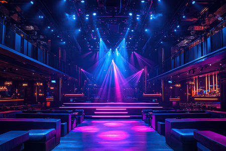 Nightclub interior. Empty nightclub in neon purple lights of spotlights and backlights. Generated by artificial intelligenceの素材