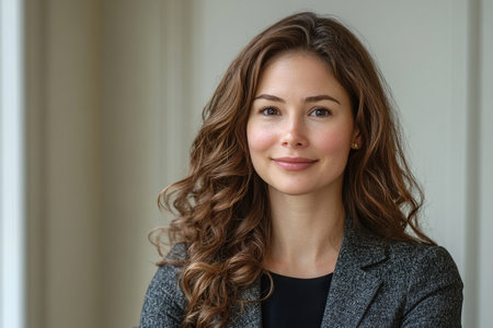 Portrait of attractive young brunette woman with curly hair and brown eyes standing in office wearing jacket. Generated by artificial intelligenceの素材