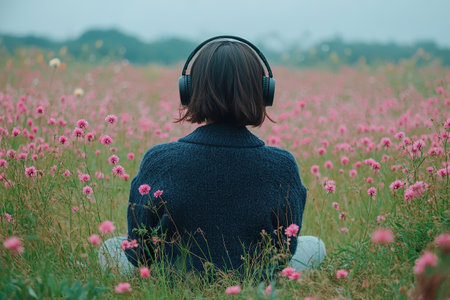 Back view of young asian girl with bob haircut sitting in blooming field with headphones on her head on cloudy day. Concept of music and nature to maintain mental healthの素材