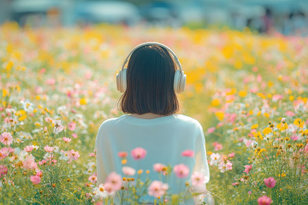 Back view of a young girl with a bob haircut sitting in a blooming field with headphones on her head. Concept of music and nature for maintaining mental health. Generated by artificial intelligenceの素材