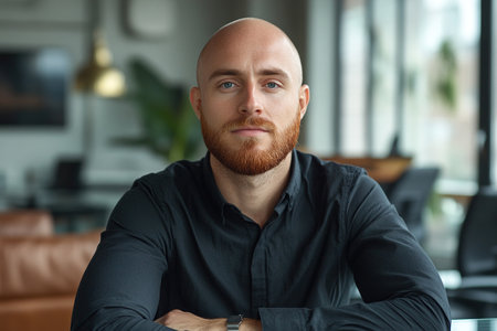 A young bald businessman with a red beard sits at a table in an office. Businessman is sitting in chair at his desk.の素材