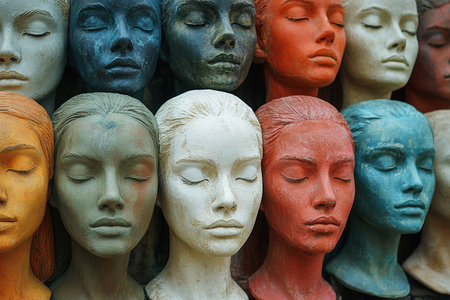 Plaster busts of different colours with a female face with closed eyes.の素材