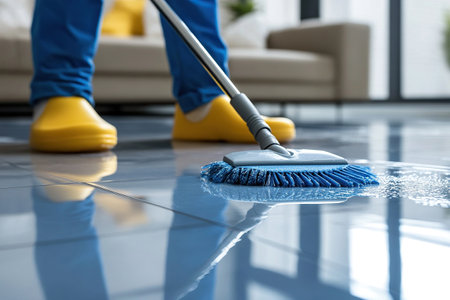 Close up of mop with cloth during wet cleaning of floor at home or office.の素材
