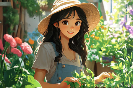 Cartoon character of asian girl gardener in straw hat surrounded by greenery and flowers in garden. Generated by artificial intelligenceの素材