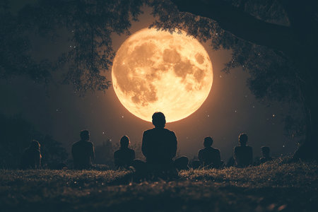 Silhouettes of people sitting on the grass and watching the full moon at night.の素材