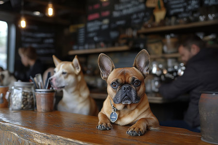 A bulldog rests its paws on a wooden bar counter in a cafe.の素材