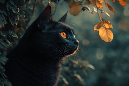 Side view portrait of black cat in green bushes with natural bokeh background.の素材