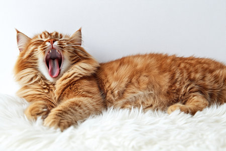 Fluffy ginger cat yawns while lying on a soft white carpetの素材