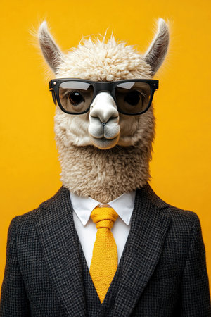 Lama or alpaca in business suit and sunglasses on yellow backgroundの素材