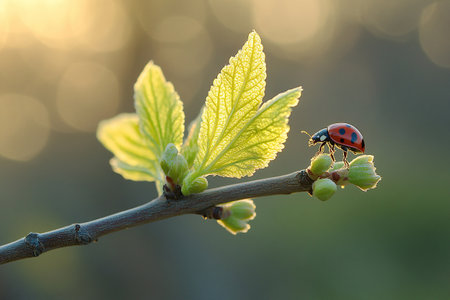 A small red ladybug crawls on young tree leaves in spring. Macro photo. Generated by artificial intelligenceの素材