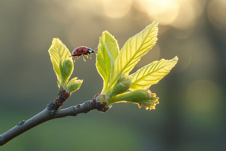 Red ladybug crawls on a young chestnut leaf against a blurred nature background. Generated by artificial intelligenceの素材