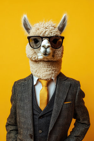 The alpaca stands confidently in dark glasses, her fluffy cream fur contrasting slightly with the business suit she wears. The jacket hugs her slender frame, accessorized with a yellow silk tie.の素材